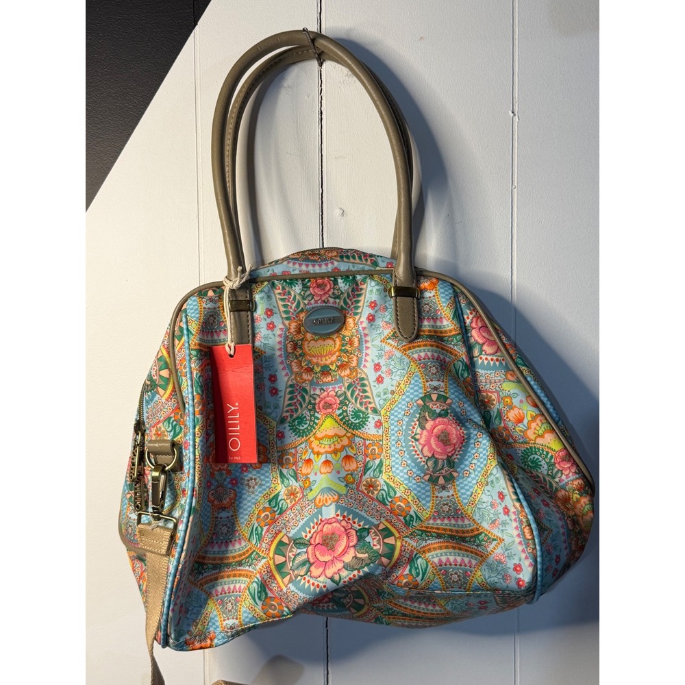 Oilily Multicolor Floral Paisley Shoulder Bag with Tan Handles - Picture 2 of 13